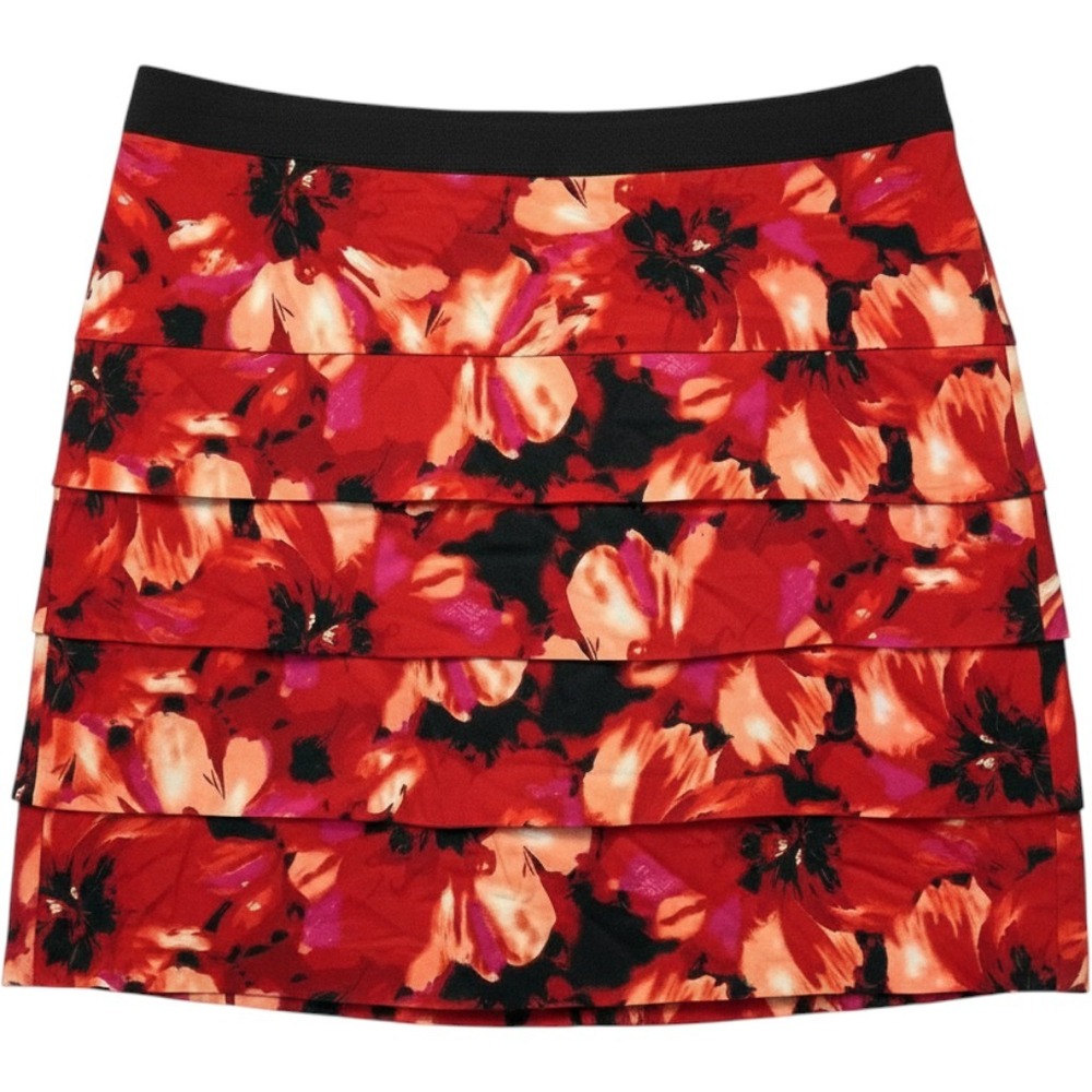 Larry Levine Stretch Red Floral Tiered Mini Skirt Sz‎ 10 Layered Botanical Print